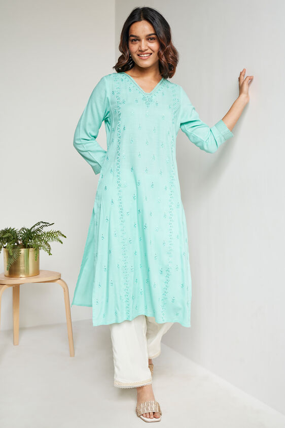 Solid Embroidered Straight Kurta, Mint, image 2